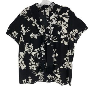 Escada Womens Silk Blouse Short Sleeve Shirt Sz 42 Fringe scarf Tropical Summer